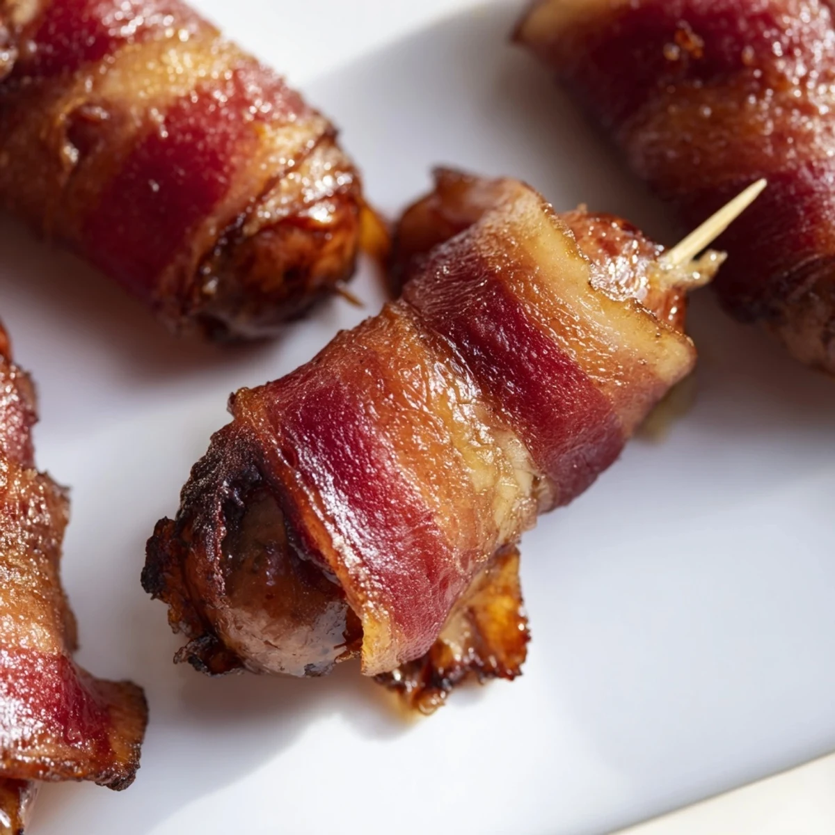 Savory cocktail sausages wrapped in smoky bacon, served warm with toothpicks for easy grabbing.