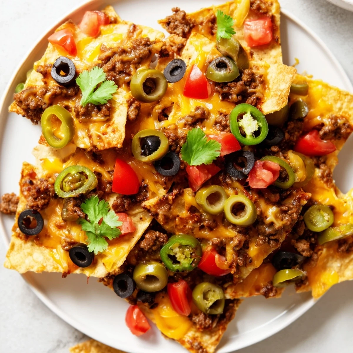 Golden baked nachos with melted cheddar and Monterey Jack cheese, loaded with seasoned ground beef, jalapeños, and fresh cilantro.  