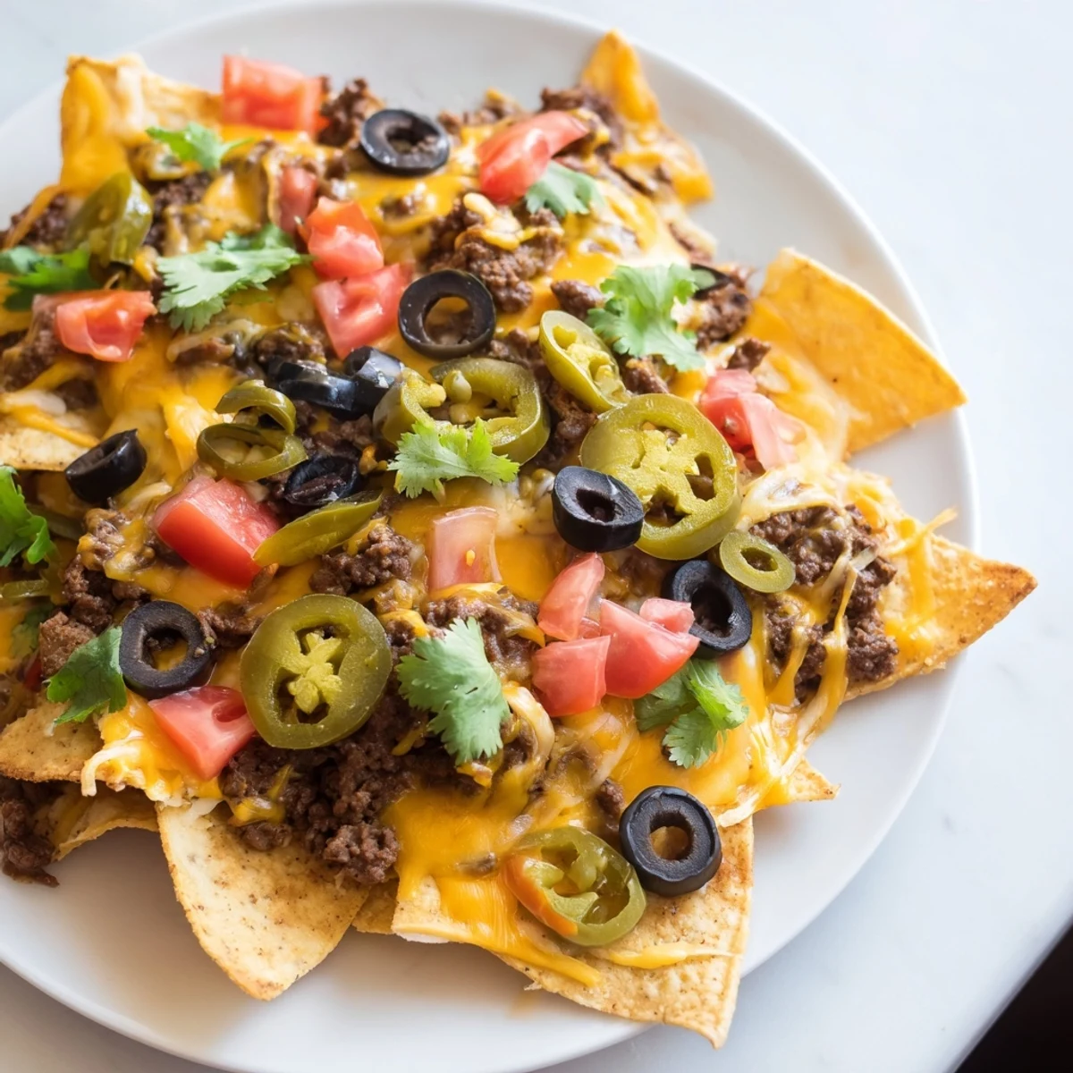 Freshly baked nachos topped with cherry tomatoes, black beans, and red onion, served with salsa and sour cream on the side.