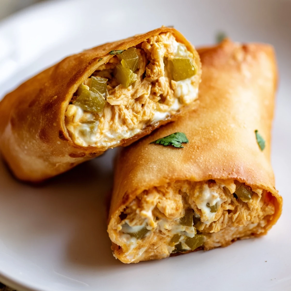 Golden-brown Mini Chicken Chimis with Jalapeño Cream Cheese arranged on a rustic platter beside green enchilada sauce for dipping.  