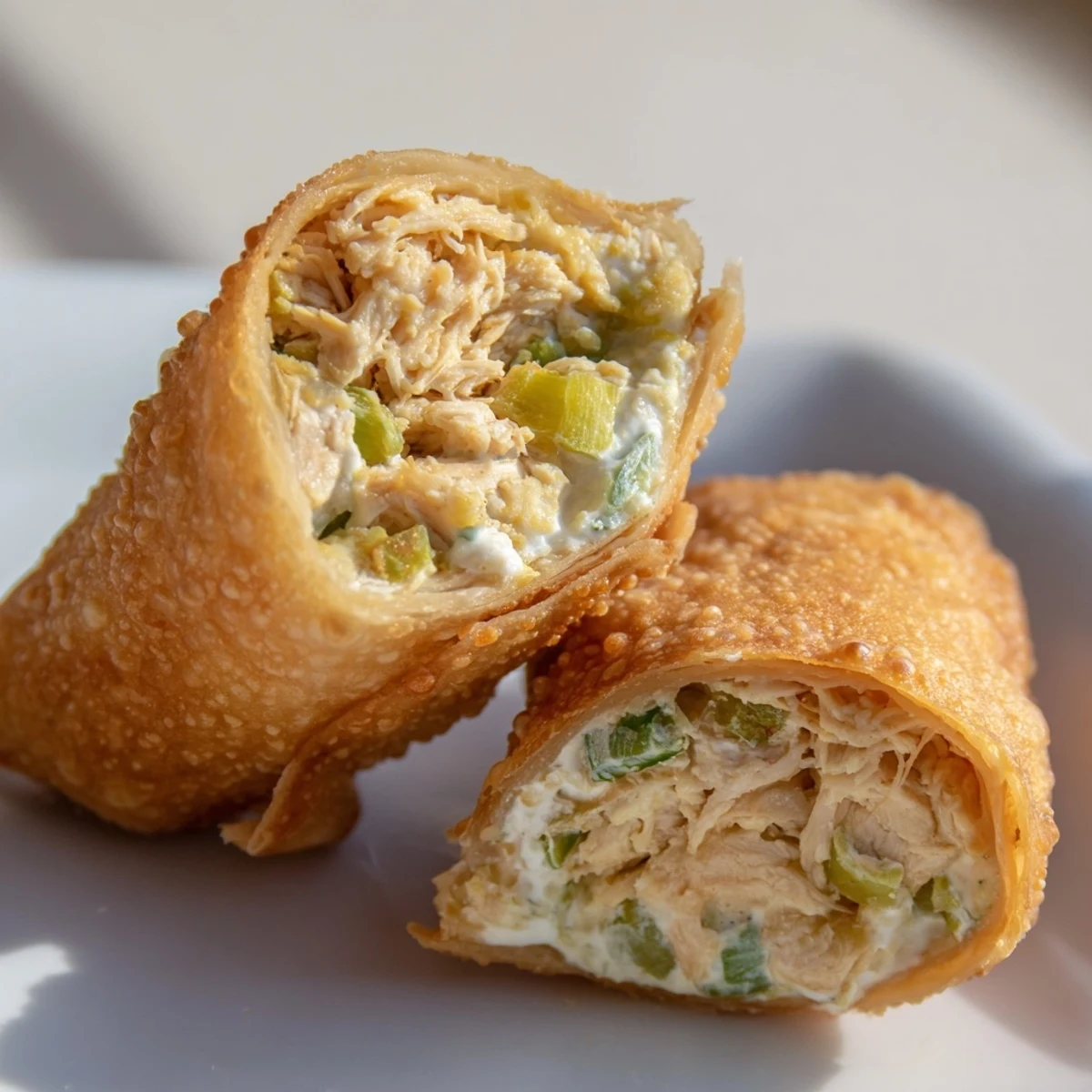 Crispy Mini Chicken Chimis with Jalapeño Cream Cheese presented on a party tray with a side of sour cream.