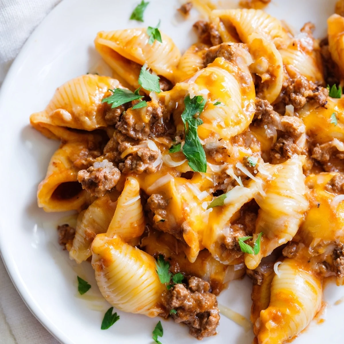One Pot Creamy Beef and Shells simmering in a skillet with melted cheddar and Parmesan, garnished with fresh parsley.  