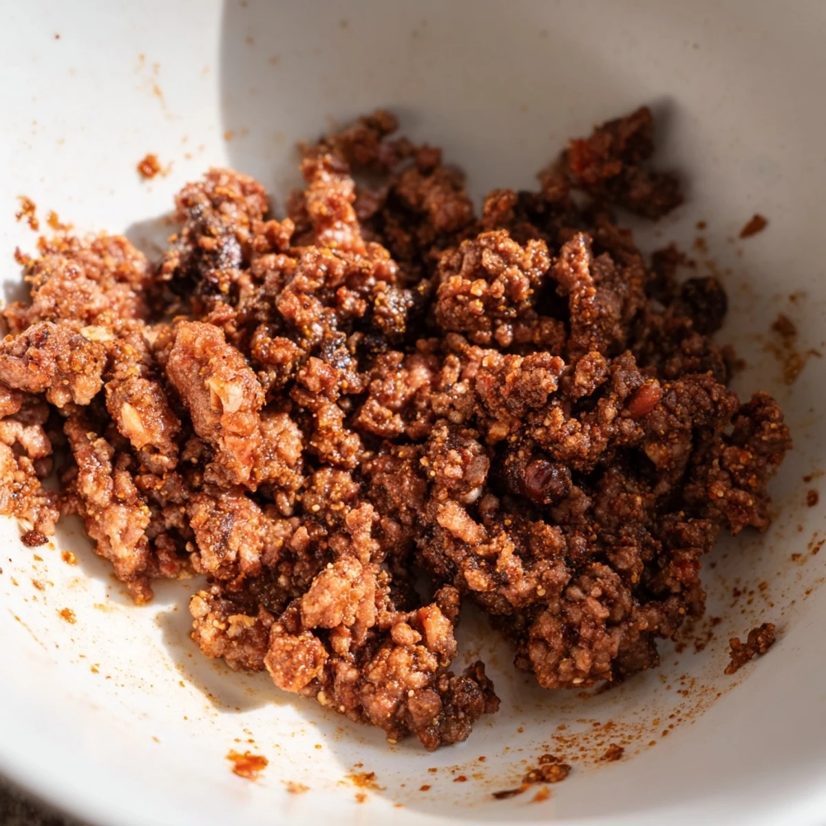 A close-up of Easy Big Mac in a Bowl showing seasoned ground beef, cheddar, and fresh veggies on crisp romaine.