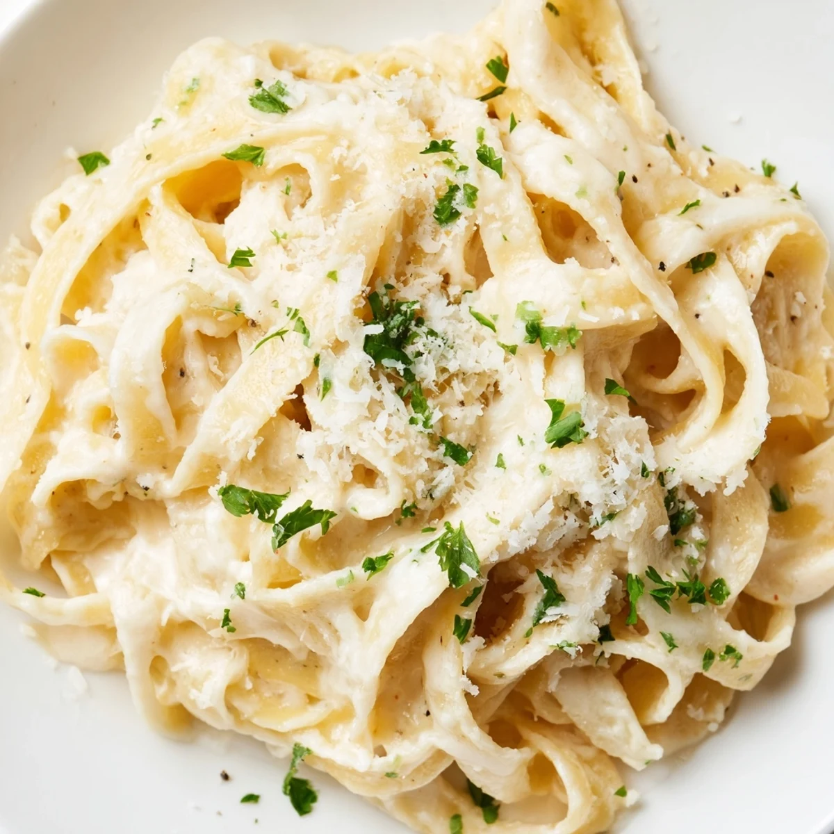 Creamy Easy Creamy Cauliflower Alfredo pasta twirled on a fork, garnished with fresh parsley and extra Parmesan.
