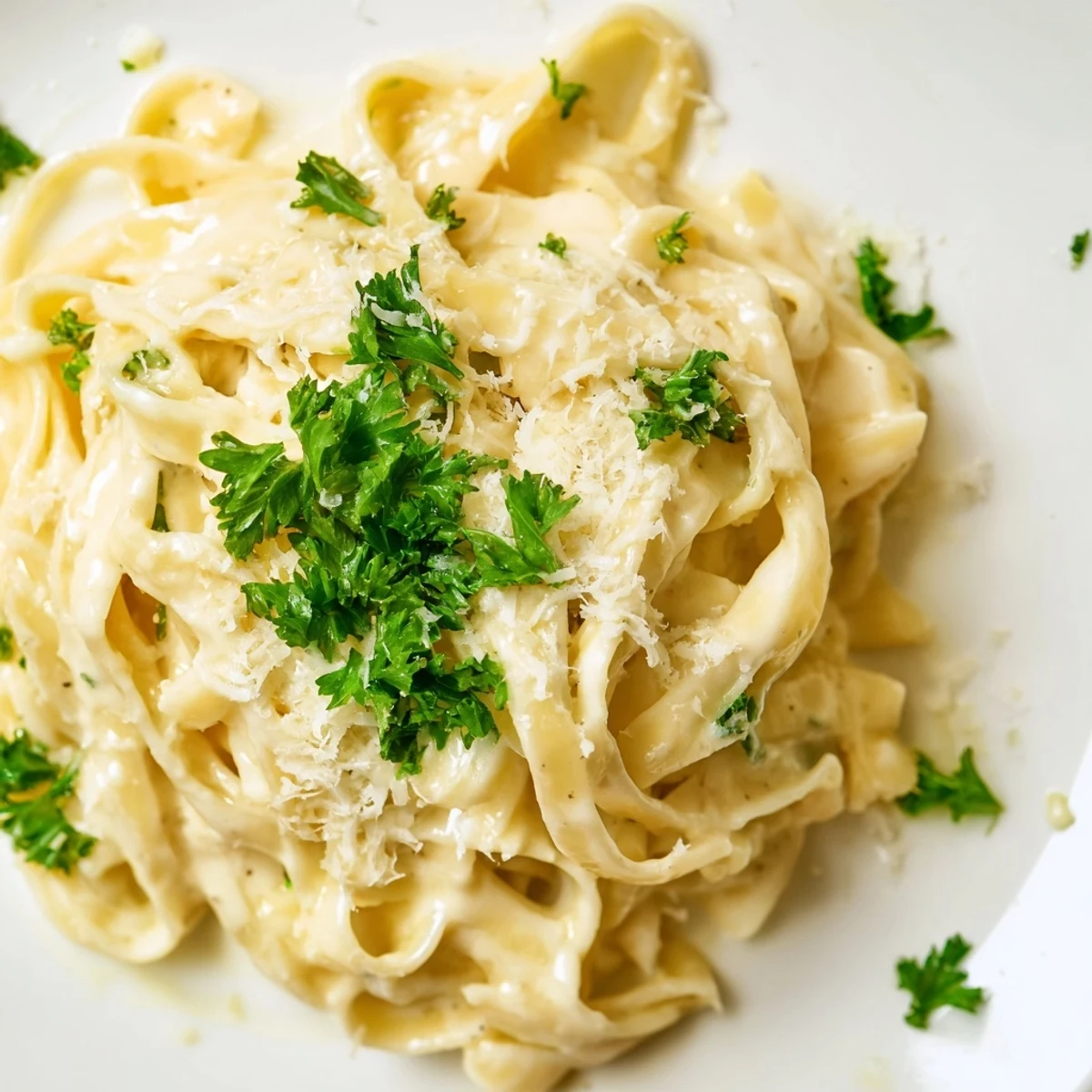 A skillet of Easy Creamy Cauliflower Alfredo glimmers, steam rising as grated Parmesan melts into the sauce.