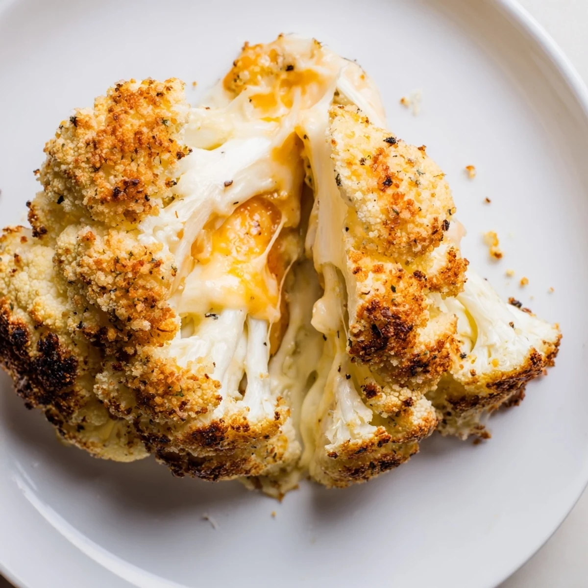 A whole roasted Cheesy Stuffed Cauliflower Head, golden-brown and bubbling, served as a vegetarian main dish with fresh herbs on the side.  