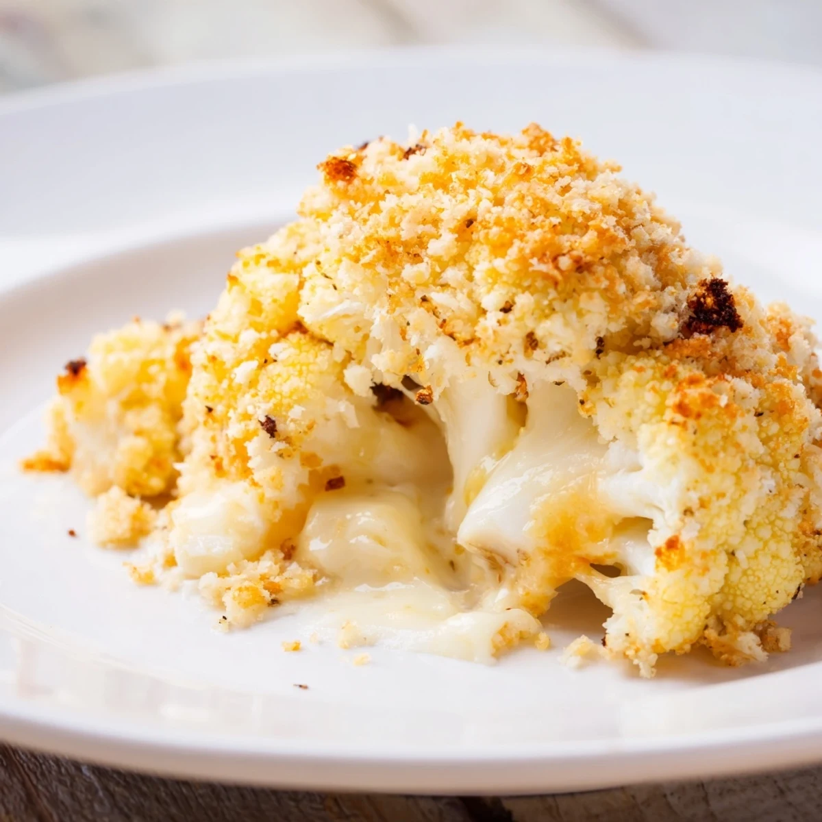 Sliced wedge of Cheesy Stuffed Cauliflower Head revealing the savory cream cheese and mozzarella interior, paired with a crisp green salad.