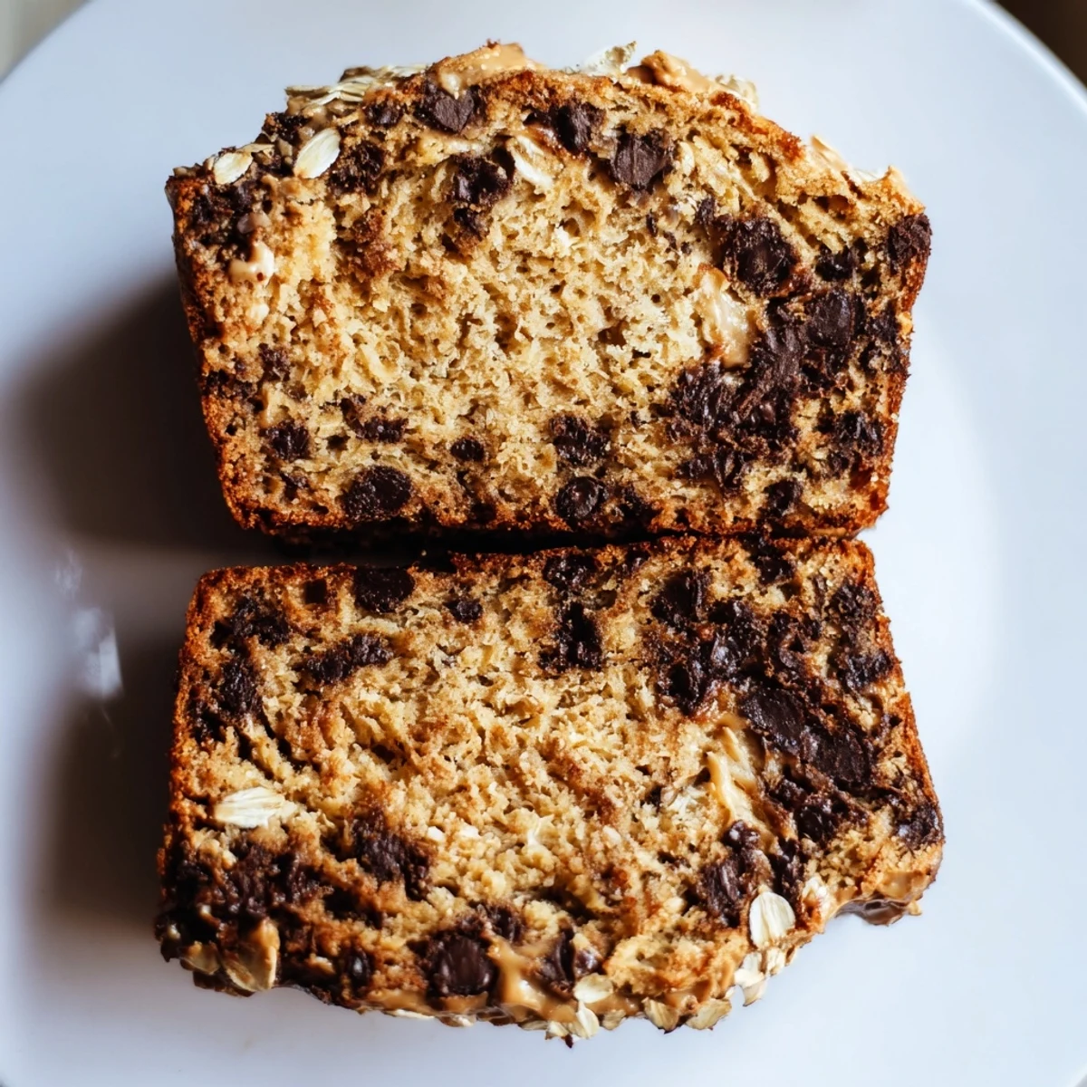 Golden slices of moist Chocolate Chip Peanut Butter Oatmeal Banana Bread on a rustic wooden board, ready for breakfast.  