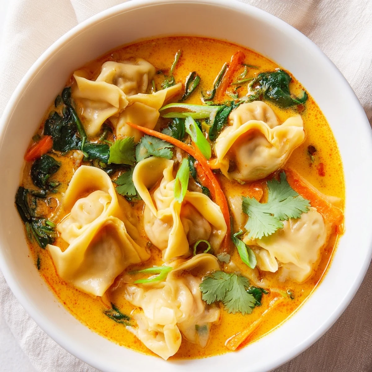 Creamy Thai-inspired Red Curry Wonton Soup With Greens ladled into a white bowl, steam rising.