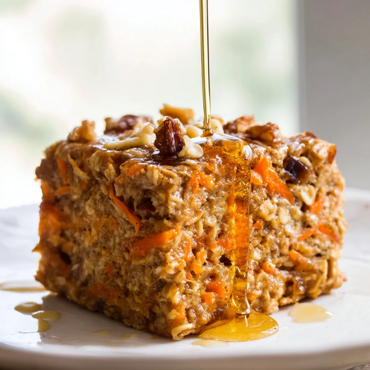 A close-up of warm Carrot Cake Baked Oatmeal reveals moist oats, shredded carrots, and plump raisins in a rustic baked slice.