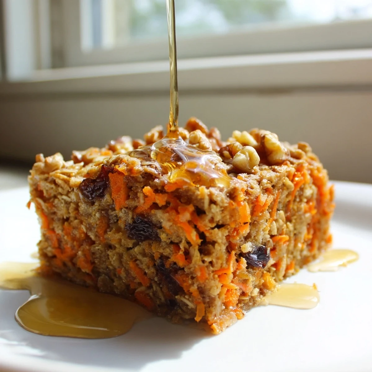 Freshly baked Carrot Cake Baked Oatmeal in a 9x9 pan, topped with walnuts, ready for a wholesome, meal-prep friendly breakfast.