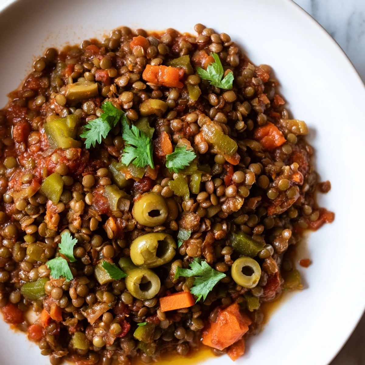 Hearty vegan Cuban-Inspired Lentil Picadillo served in a rustic bowl, featuring carrots, green olives, and aromatic spices.