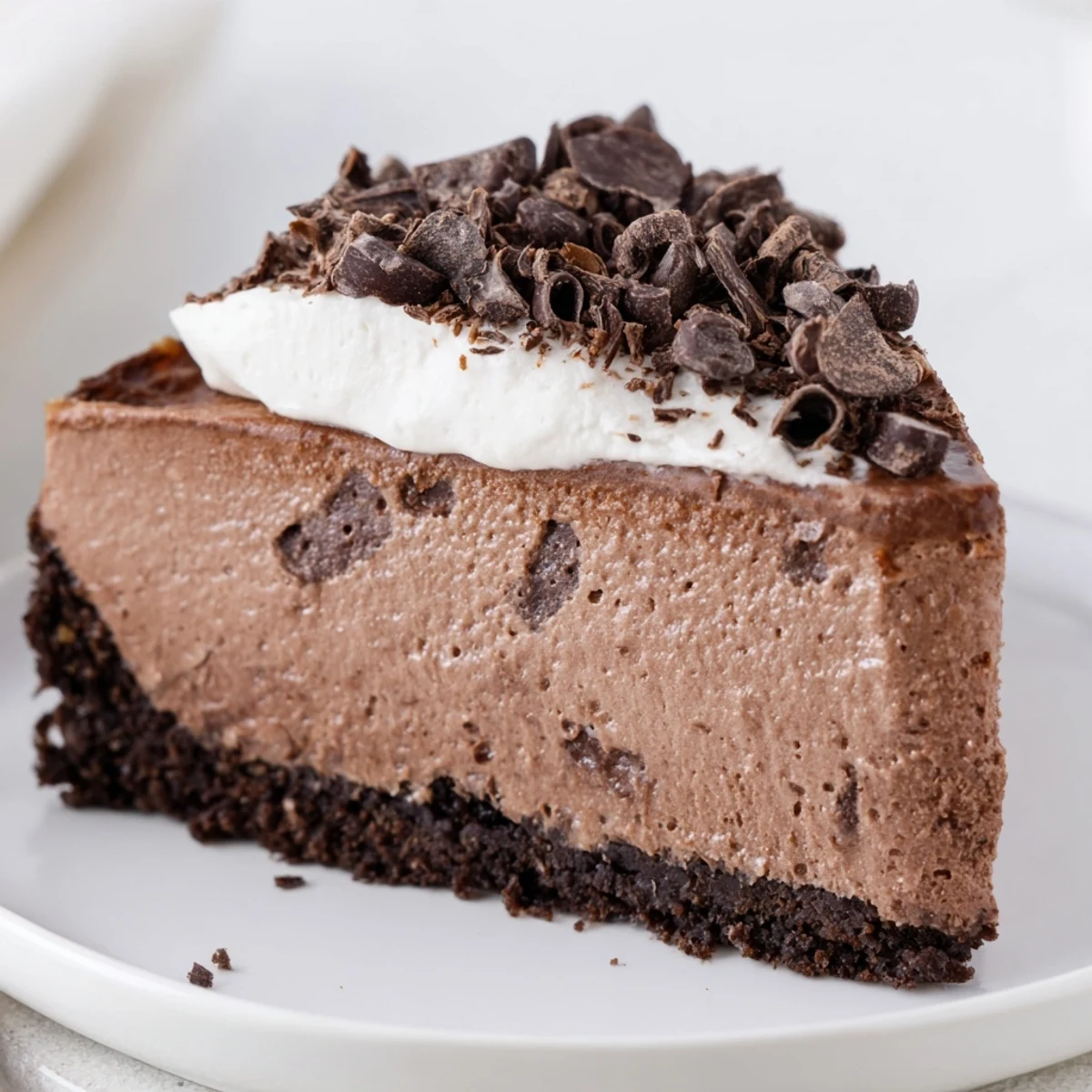 Overhead view of a whole Lighter Chocolate Cottage Cheese Cheesecake in a springform pan, garnished with fresh raspberries and a dusting of cocoa powder.