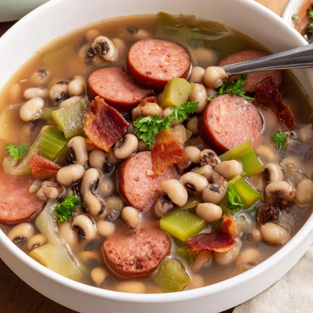 A close-up of Southern-Style Black-Eyed Peas simmering in a rich, smoky broth with diced sausage and vegetables.