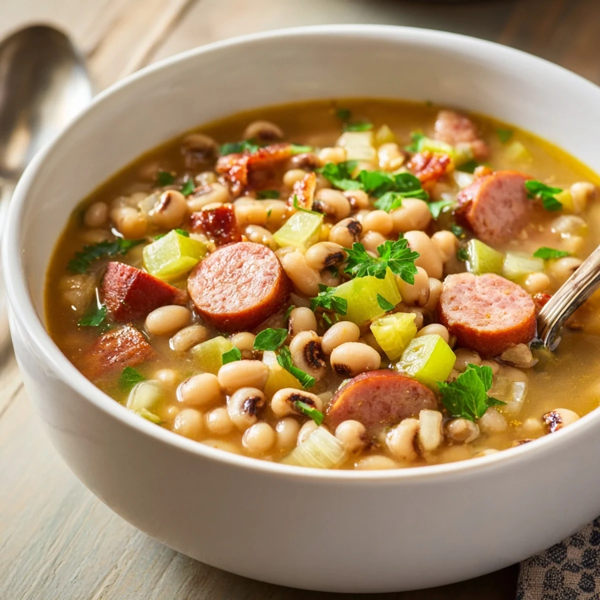 Hearty Southern-Style Black-Eyed Peas served in a rustic bowl, garnished with fresh parsley and a side of cornbread.
