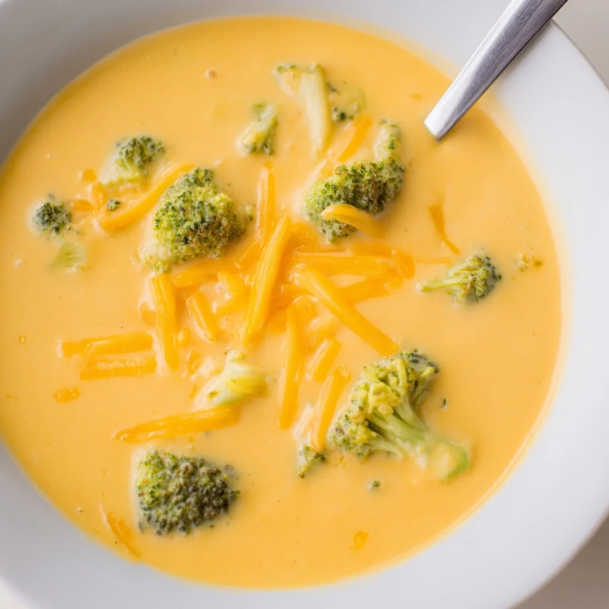 Close-up of velvety Roasted Broccoli Cheddar Soup topped with extra cheddar and herbs in a cozy ceramic bowl.