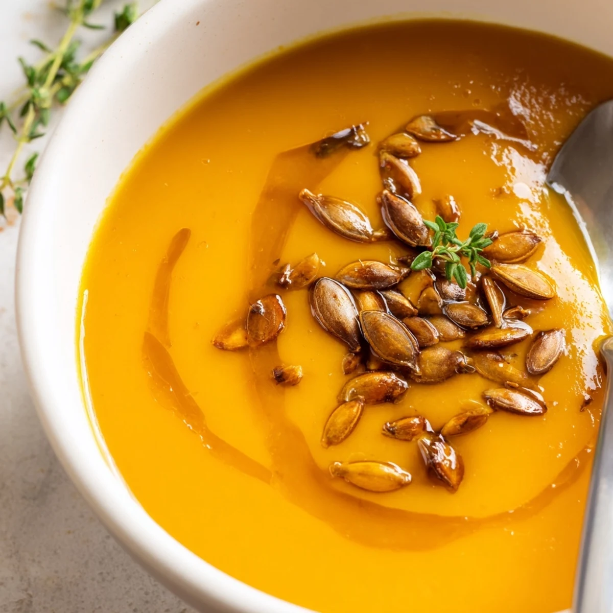 Creamy butternut squash soup in a rustic white bowl garnished with toasted pumpkin seeds.