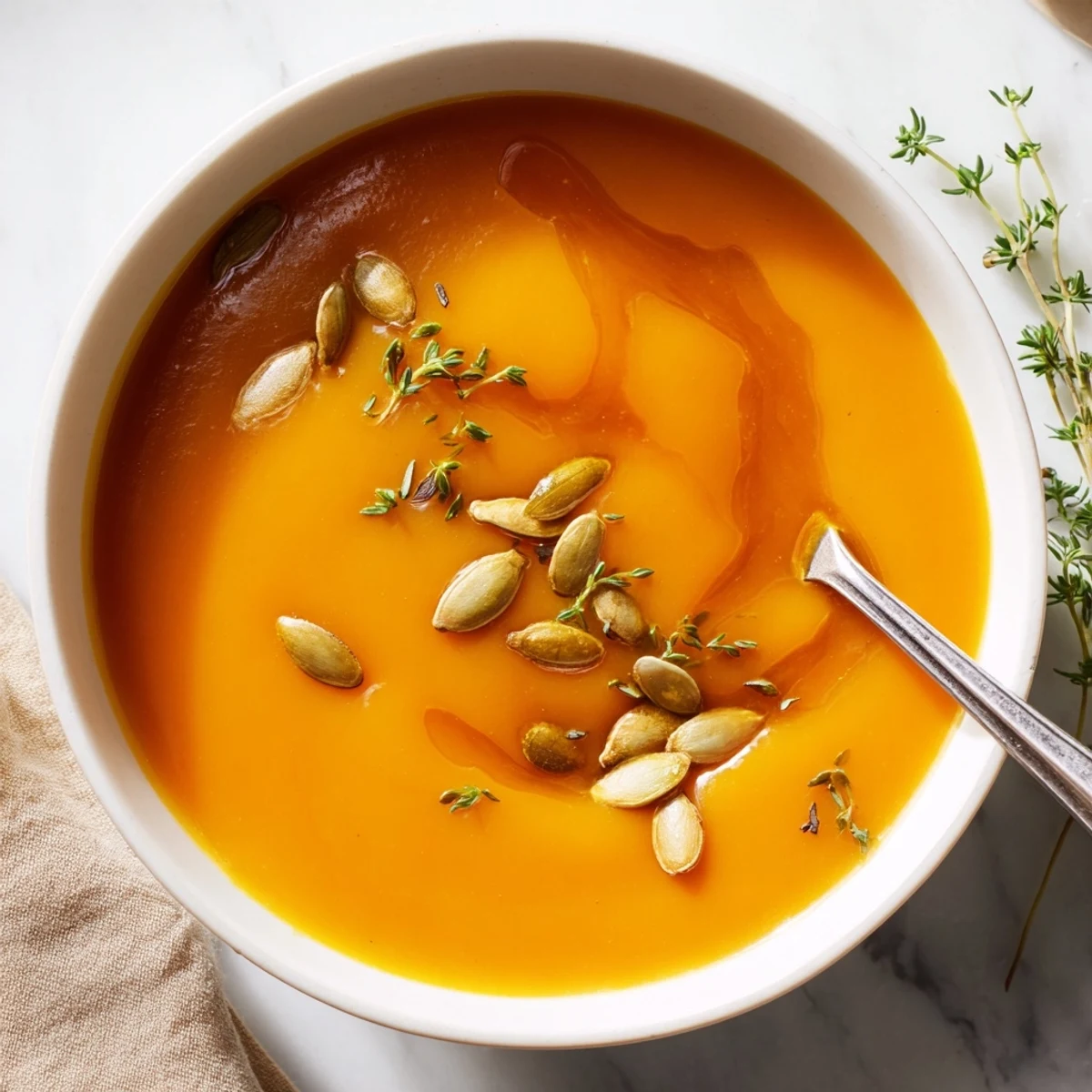 Warm roasted butternut squash soup served in a cozy kitchen with crusty bread on the side.