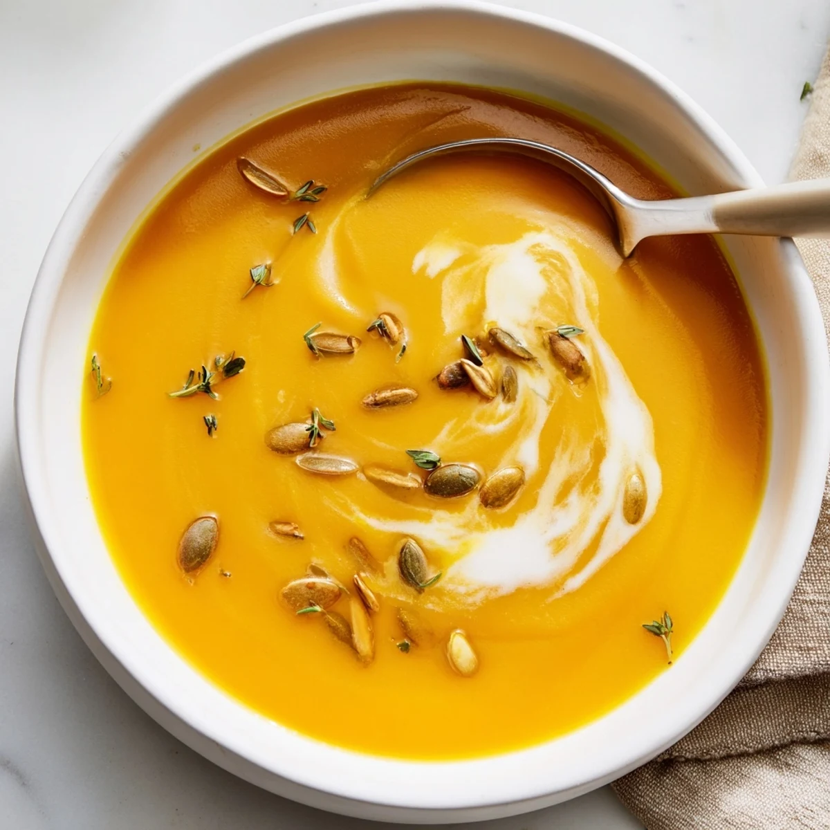 Creamy butternut squash and apple soup in a rustic bowl, garnished with thyme and pumpkin seeds, ready for a cozy fall meal.