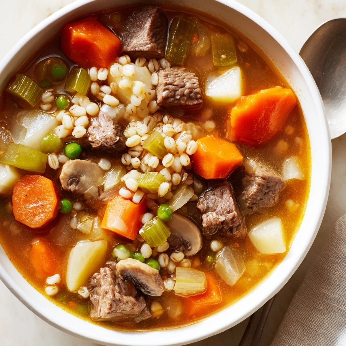 Steaming Beef and Barley Soup with tender beef cubes, diced carrots, and pearl barley in a rich broth.