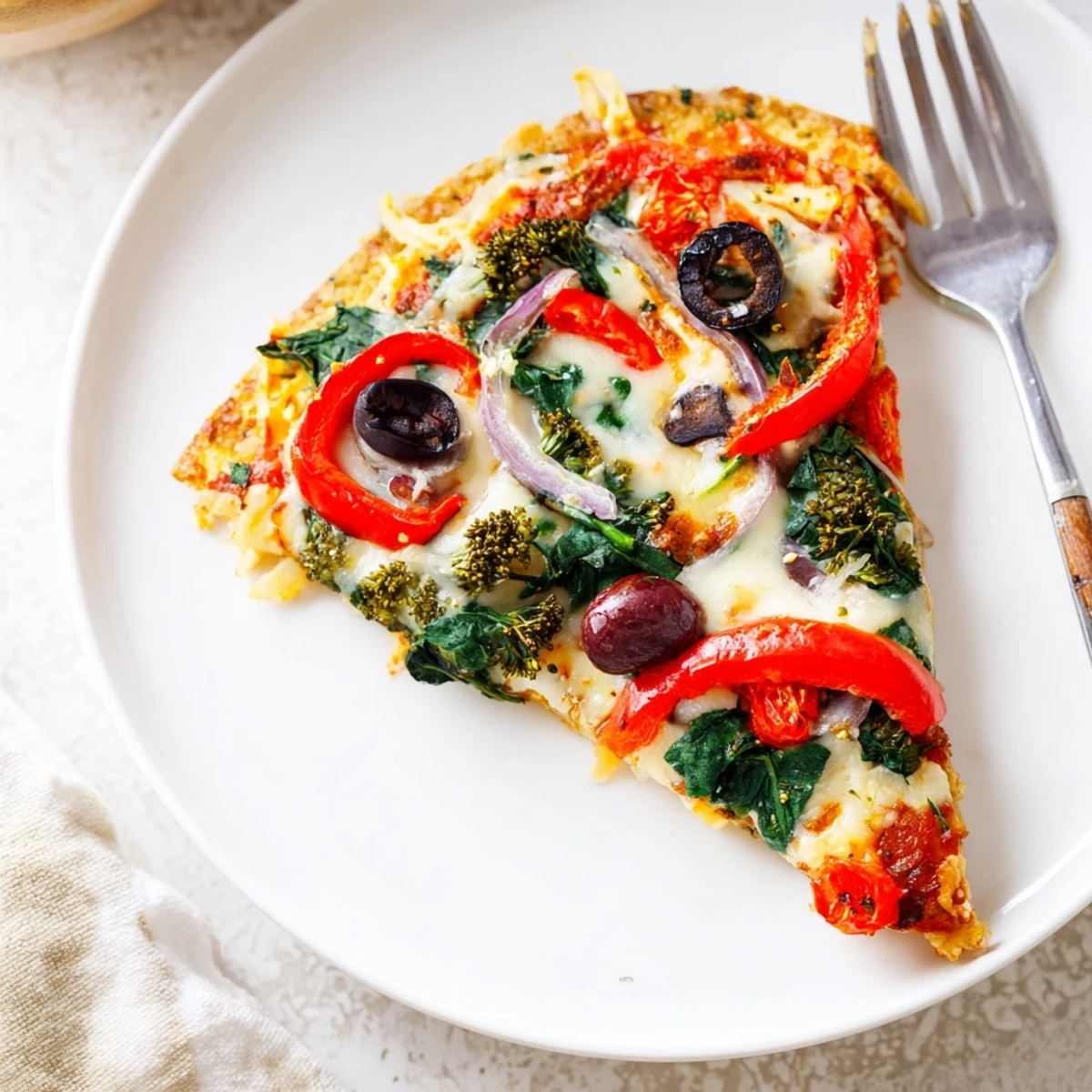 Perfectly baked Broccoli Chicken Crust Pizza slices, featuring golden-brown edges and melted mozzarella with fresh spinach and cherry tomatoes.  