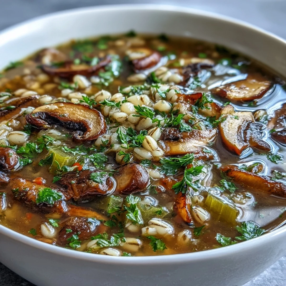 A steaming bowl of Mushroom Barley Soup with tender shiitakes and diced carrots in a savory broth.