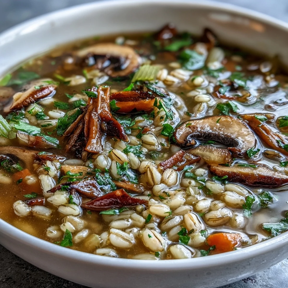 Hearty vegetarian Mushroom Barley Soup in a rustic bowl, paired with rye bread for dipping.