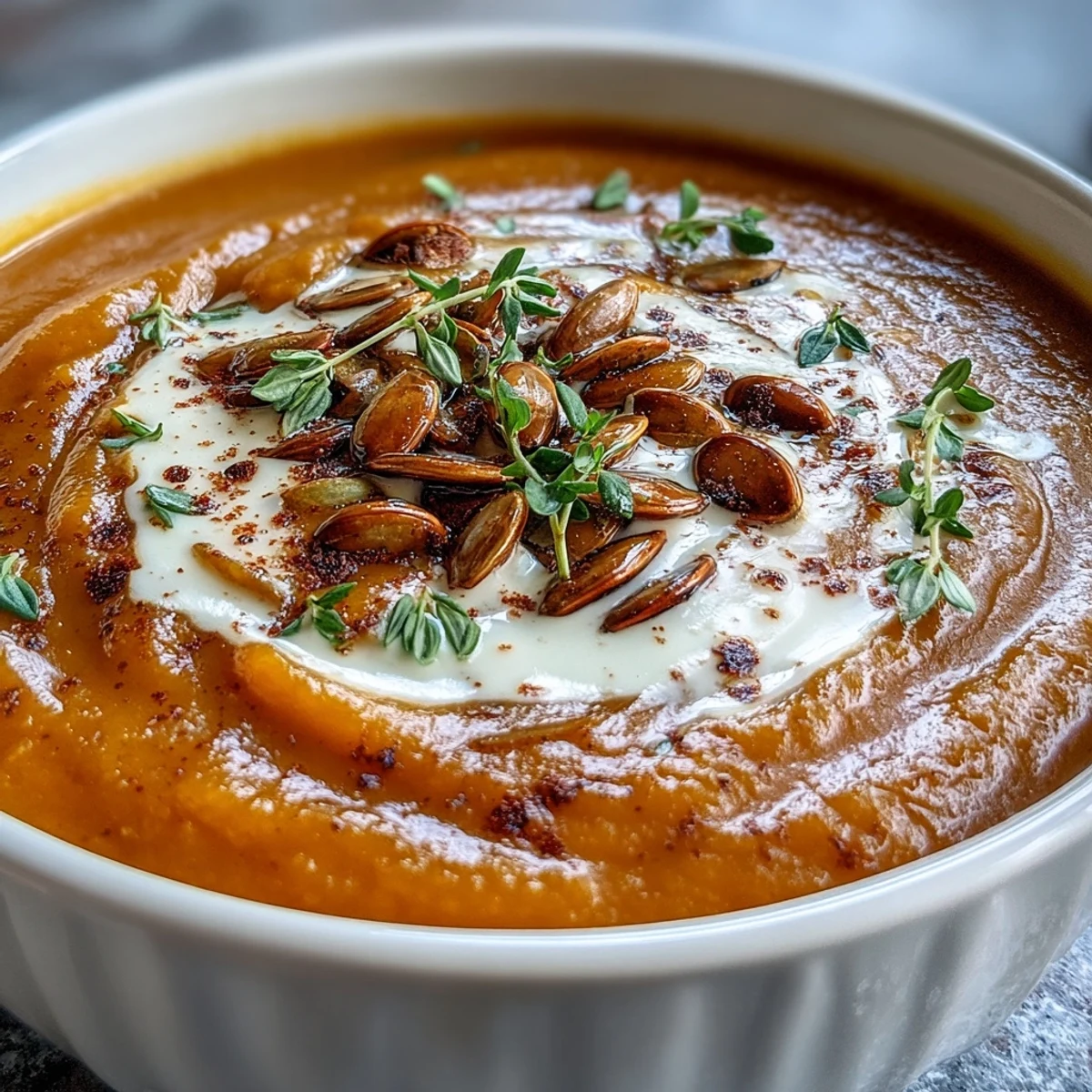 Silky easy roasted butternut squash soup with creamy swirl and pumpkin seeds.