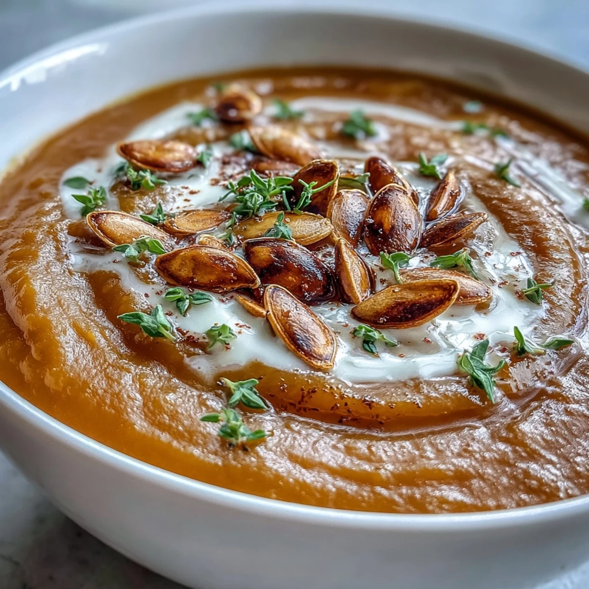 Comforting bowl of vibrant easy roasted butternut squash soup, ready to garnish.