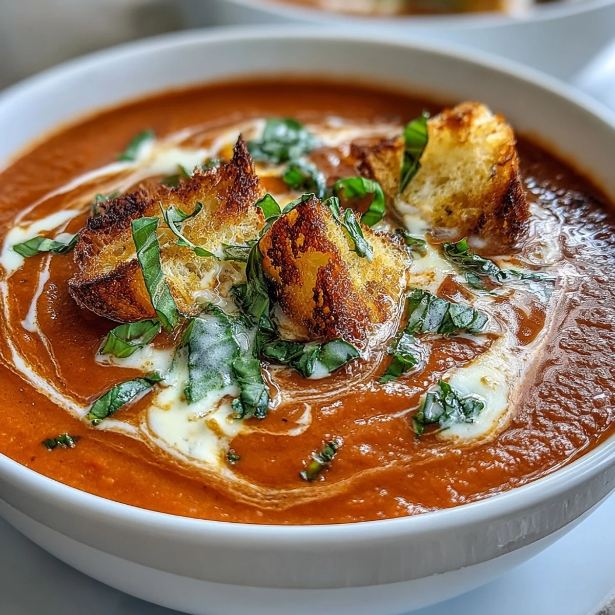 A close-up of Roasted Tomato Basil Soup, creamy and garnished with fresh basil leaves and a swirl of cream.