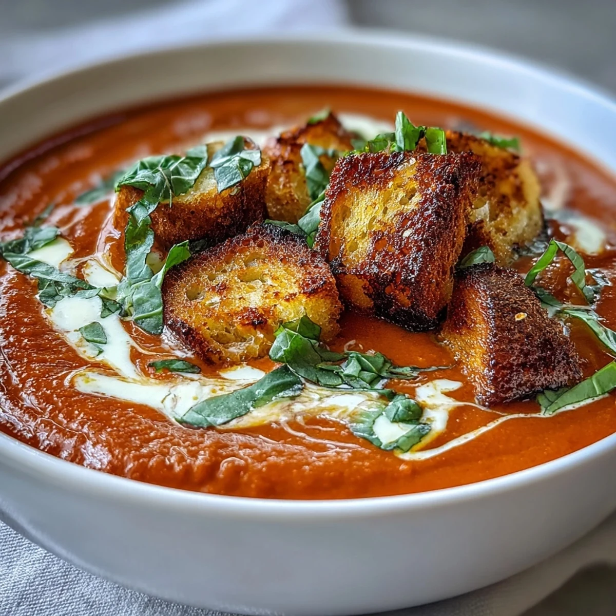 Overhead shot of vibrant Roasted Tomato Basil Soup in a rustic bowl, accompanied by toasted bread and basil.