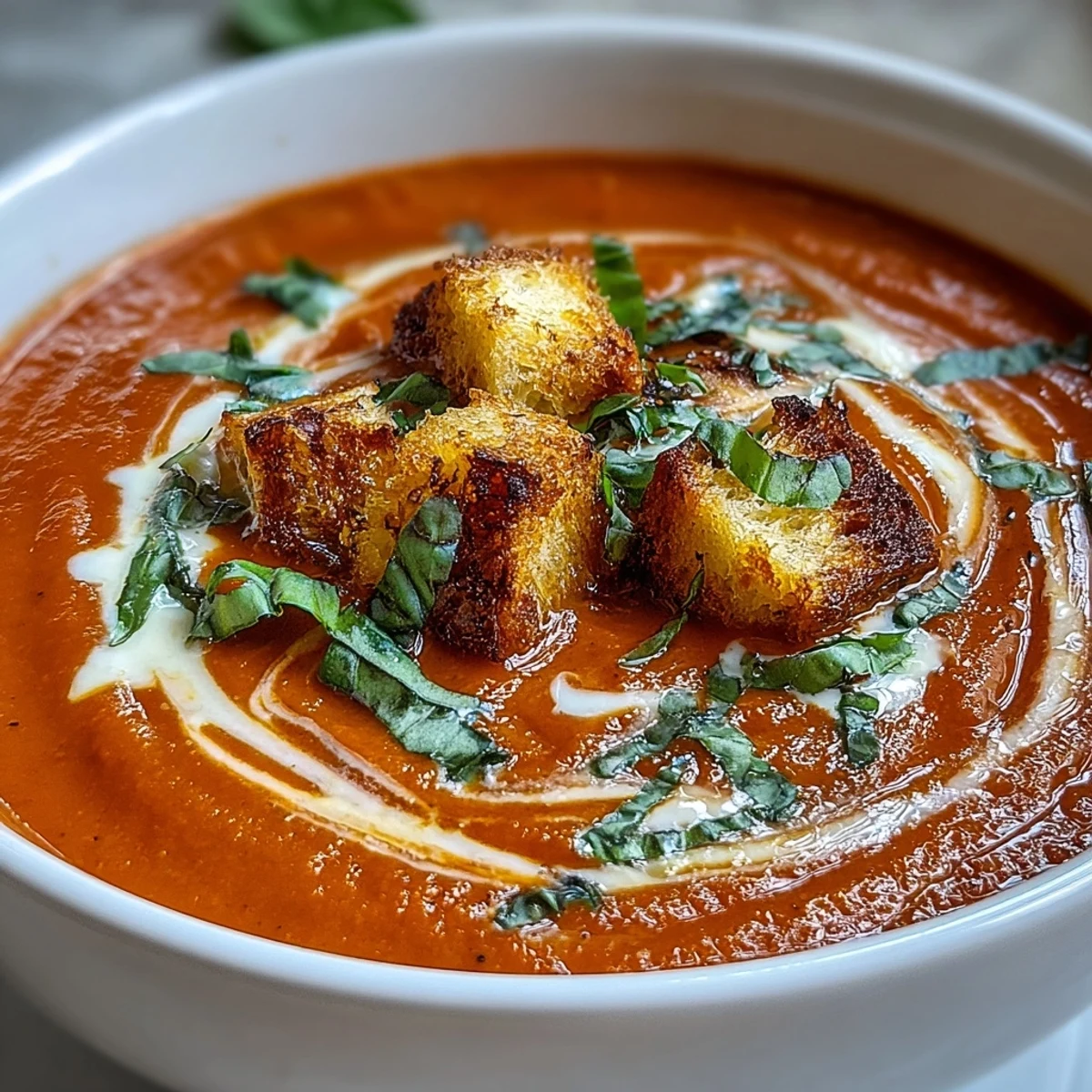 Steaming Roasted Tomato Basil Soup in a white ceramic bowl, highlighting its rich red color and silky texture.