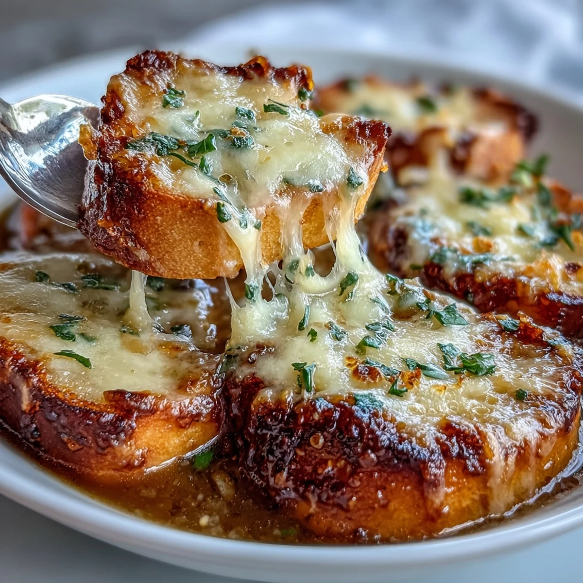 A steaming bowl of French Onion Soup with caramelized onions, topped with a toasted baguette slice and bubbly melted Gruyère cheese.