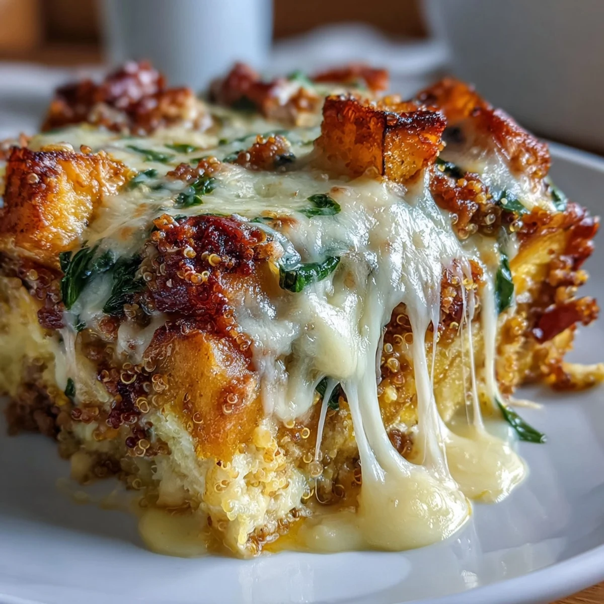 A close-up view highlights the rich texture of the Cozy Butternut Squash & Sausage Casserole, featuring golden cheese, roasted squash, and hearty sausage crumbles.