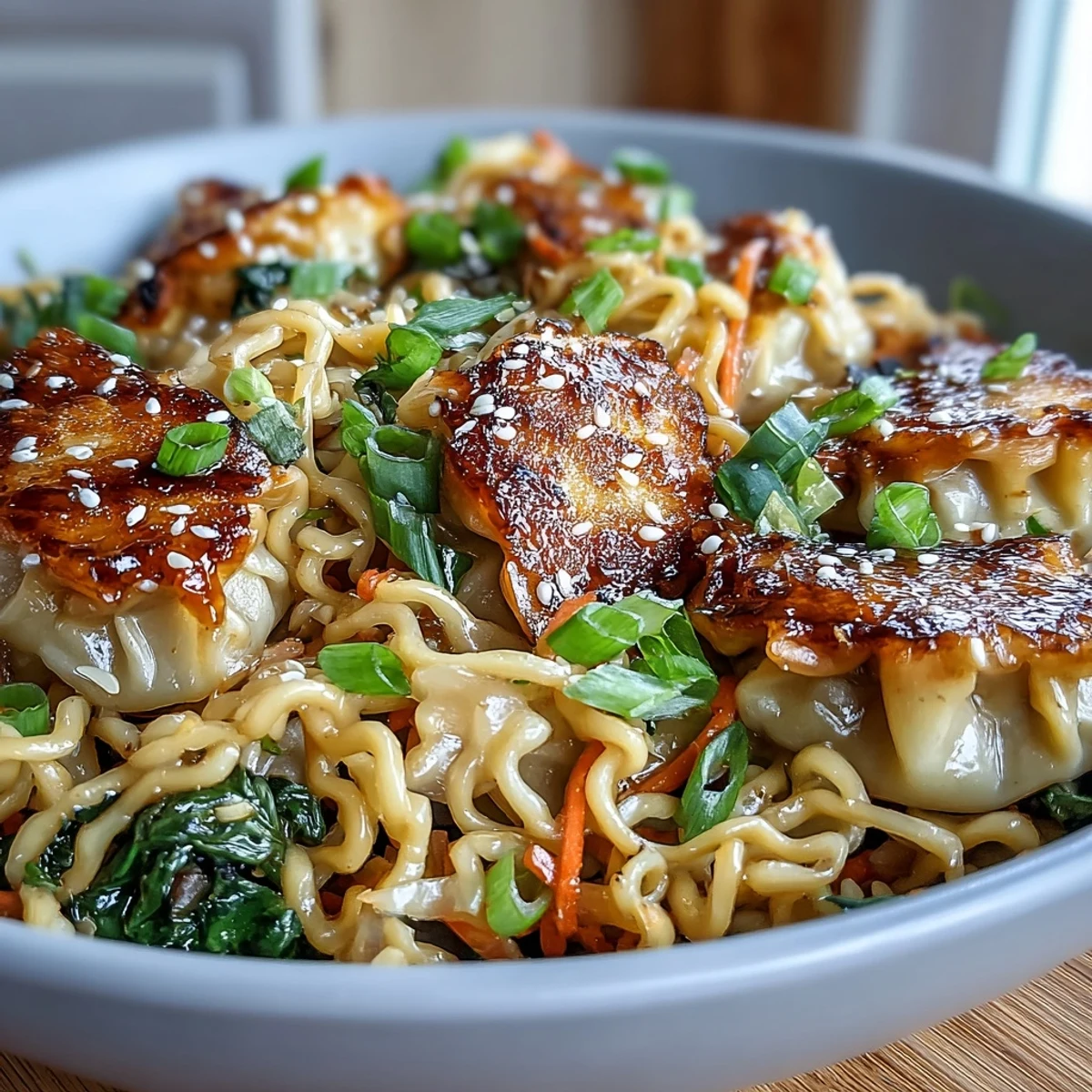 Serving suggestion for Potsticker Noodle Bowls with chopsticks, tender noodles, carrots, cabbage, and spinach.