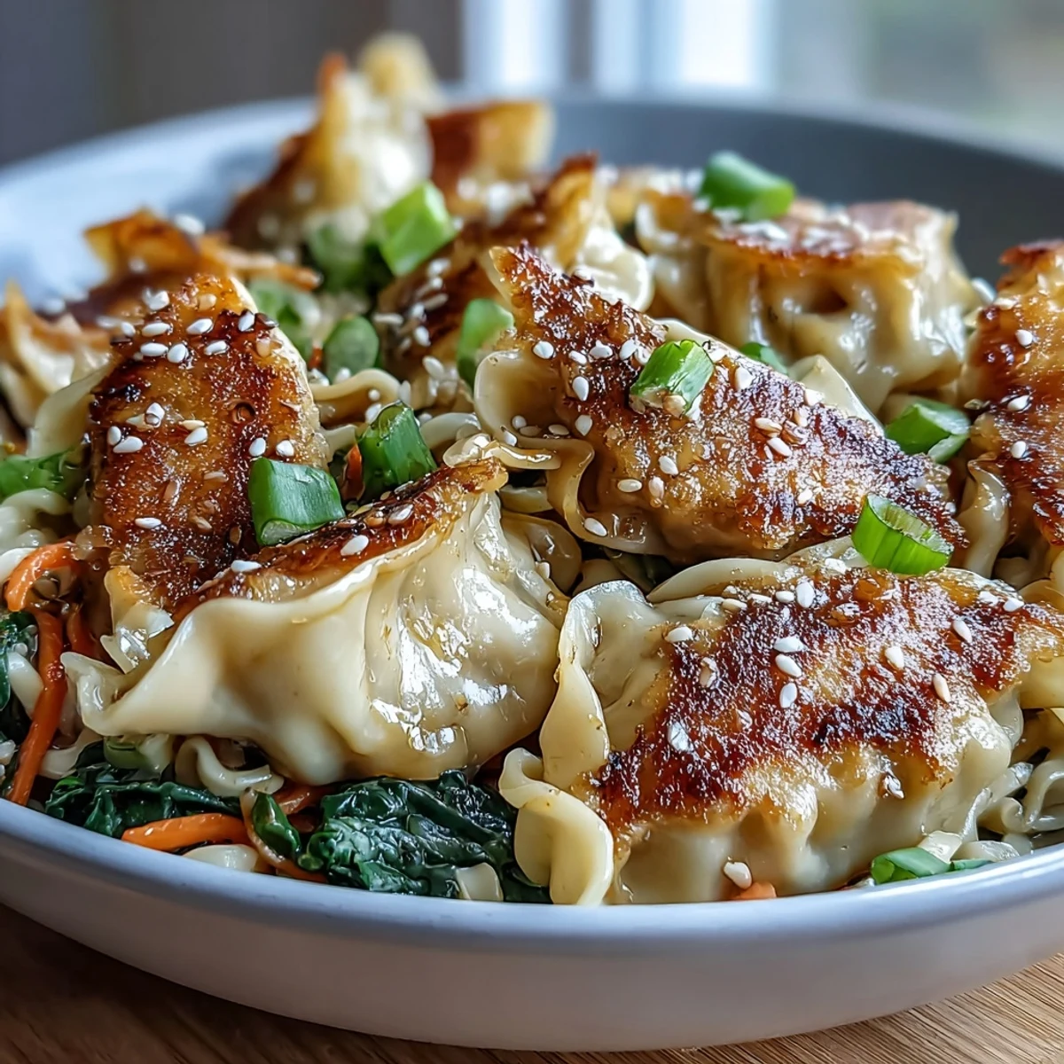 A close-up of Potsticker Noodle Bowls with glistening soy-garlic sauce, green onions, and sesame seeds.