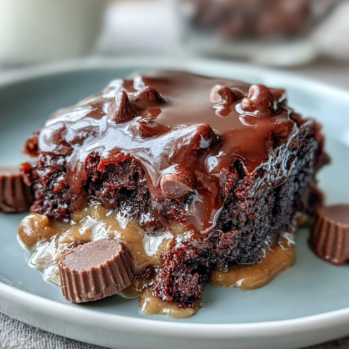 Warm, gooey Rich Peanut Butter Cup Dump Cake with melted peanut butter cups and chocolate chips baked into a moist cake.  