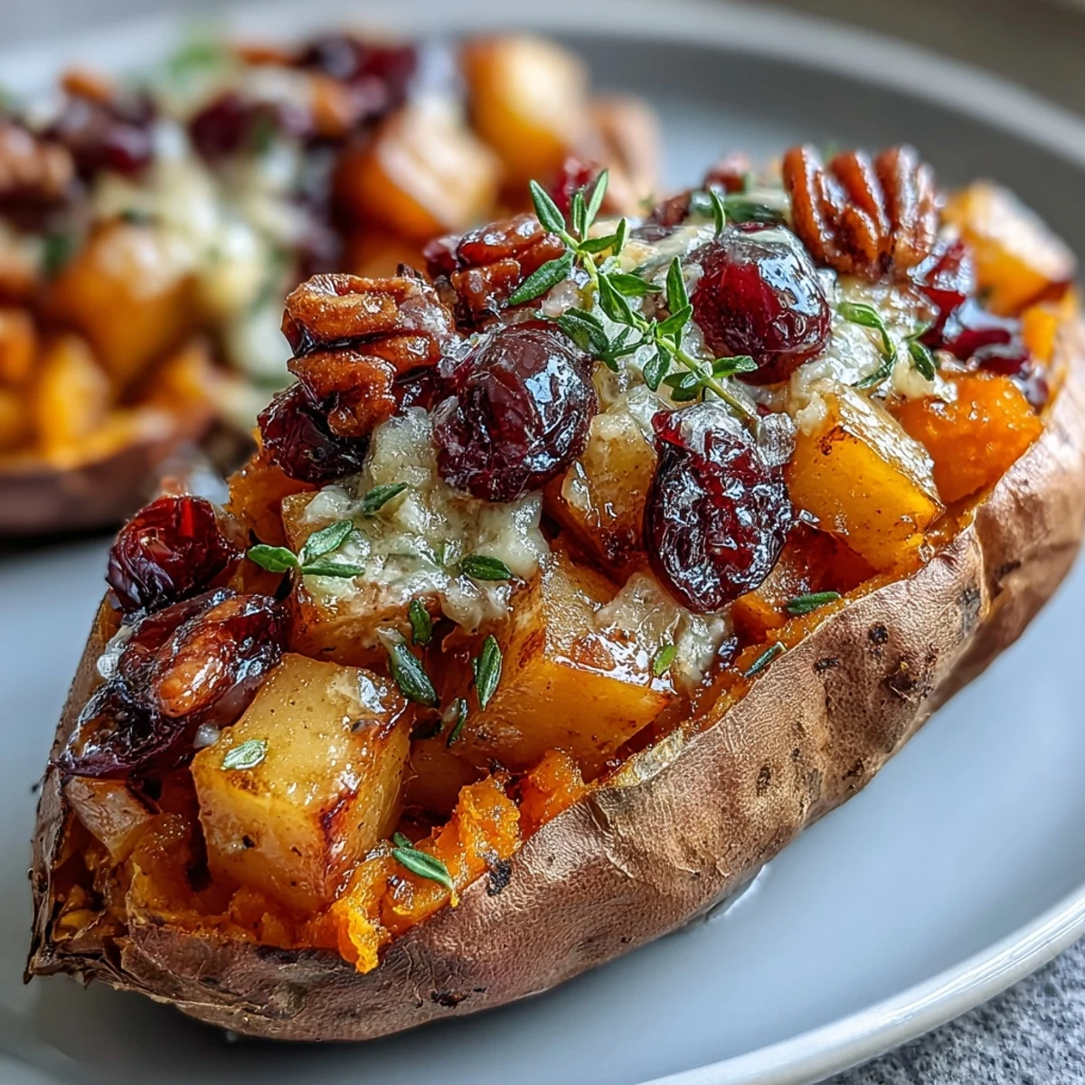Cranberry Apple Twice Baked Sweet Potatoes garnished with fresh thyme on a rustic plate, steaming warmly.