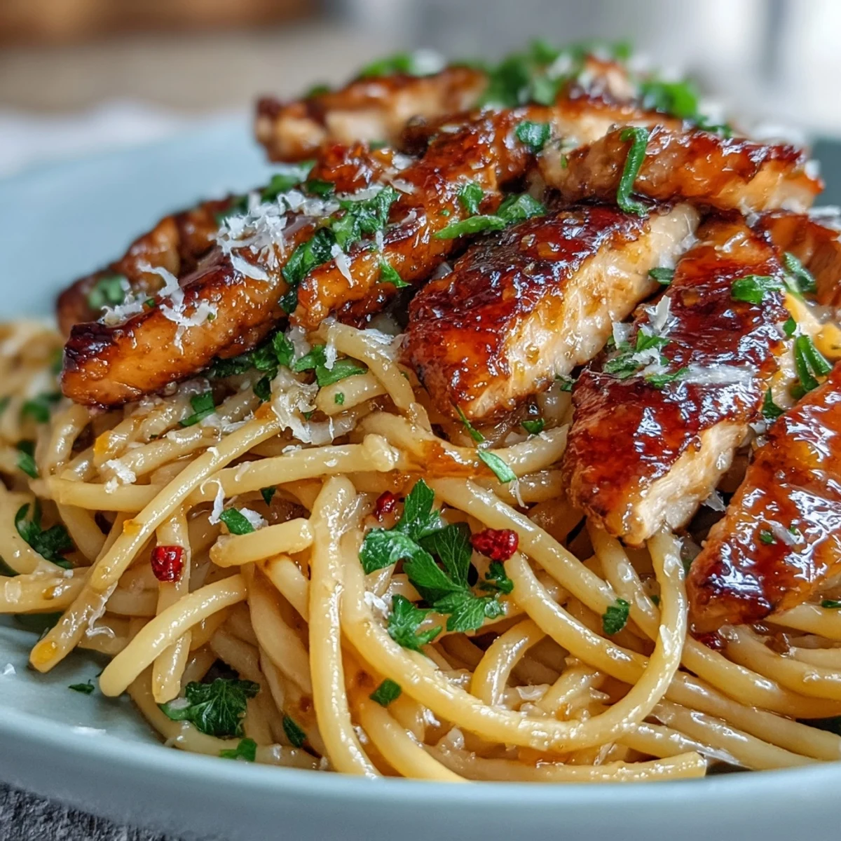 Overhead view of a skillet serving of Sticky Honey Garlic Chicken Pasta, featuring creamy, sticky sauce coating every noodle, topped with sliced chicken and a sprinkle of Parmesan.