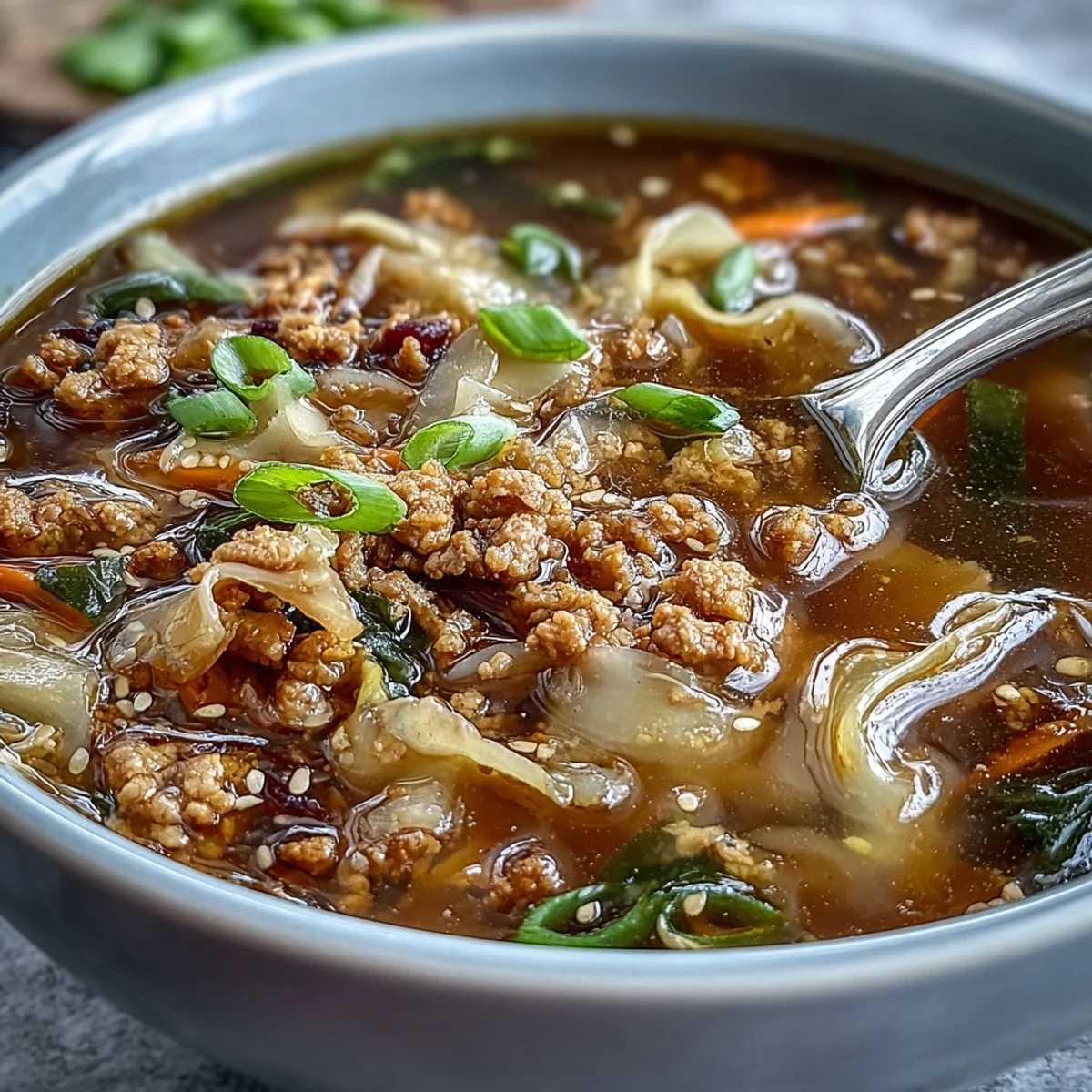 Close-up view of Cozy One-Pot Egg Roll Soup, featuring savory pork, shredded cabbage, carrots, and silky egg ribbons in a rich broth.