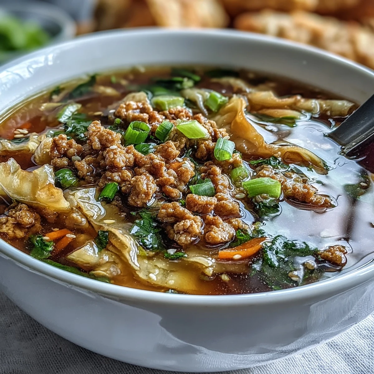 Family-style pot of Cozy One-Pot Egg Roll Soup with ginger, garlic, and vibrant vegetables, ready to be ladled into bowls.
