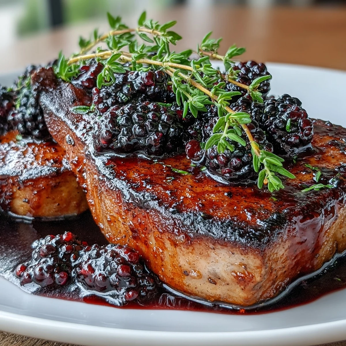 Tender Bourbon Blackberry Pork Chops served with a glossy, sweet-tart glaze and fresh thyme garnish.  