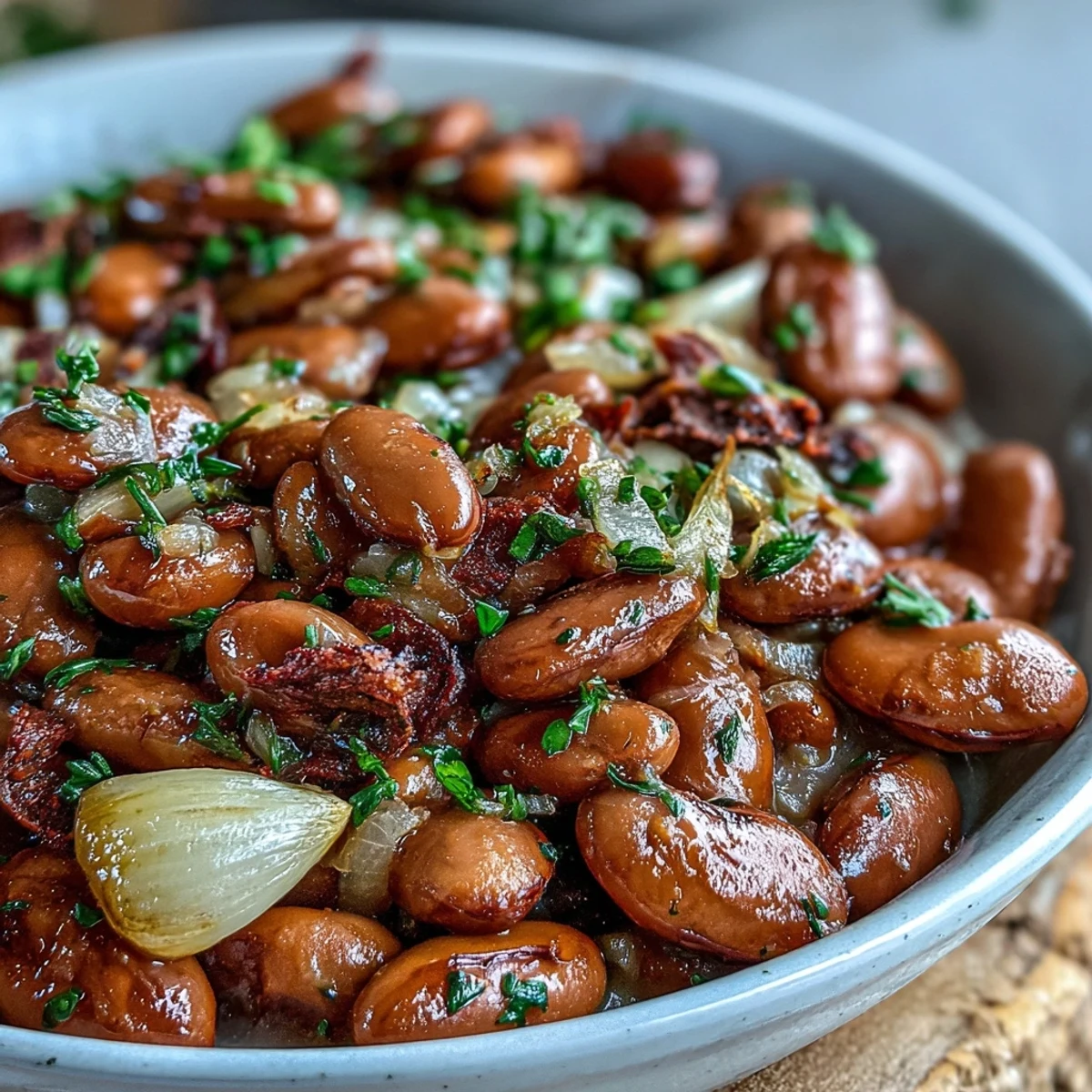 Creamy pinto beans gently cooked with garlic and olive oil, served warm in a rustic bowl for a comforting side dish.  