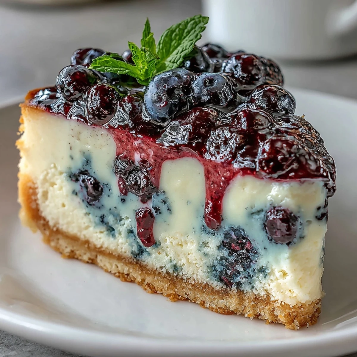 A single slice of Lemon Blueberry Shortbread Mousse Cake reveals its vibrant layers of buttery crust, tangy lemon mousse, and sweet blueberry compote.