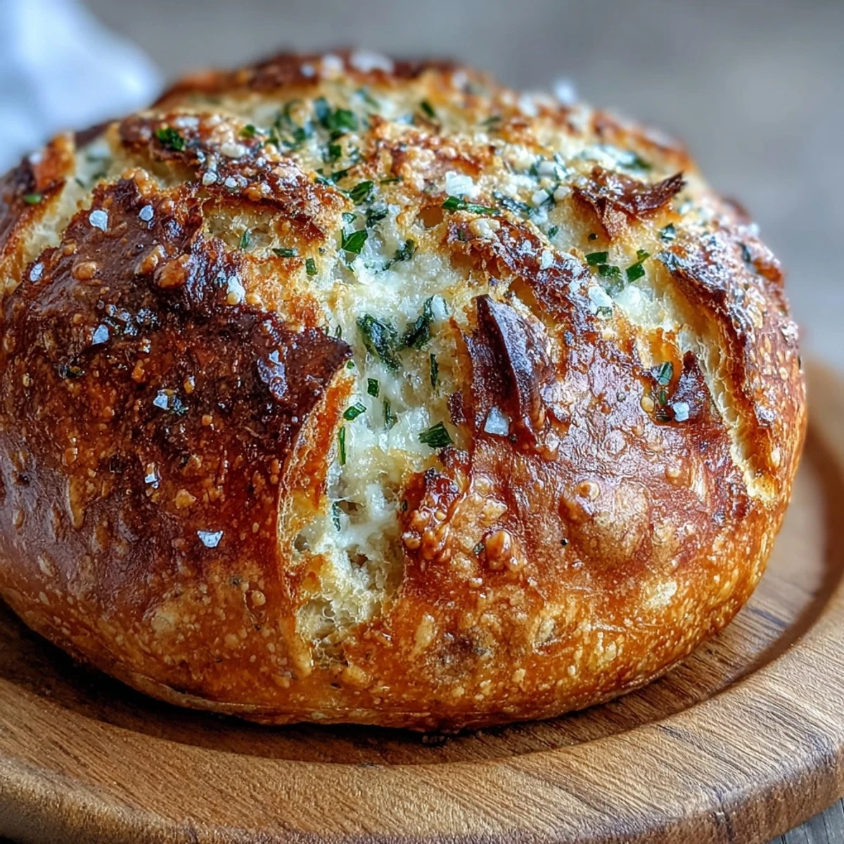 Freshly baked Perfect Parmesan Garlic Artisan Bread loaf with visible garlic and rosemary, served with soup.  