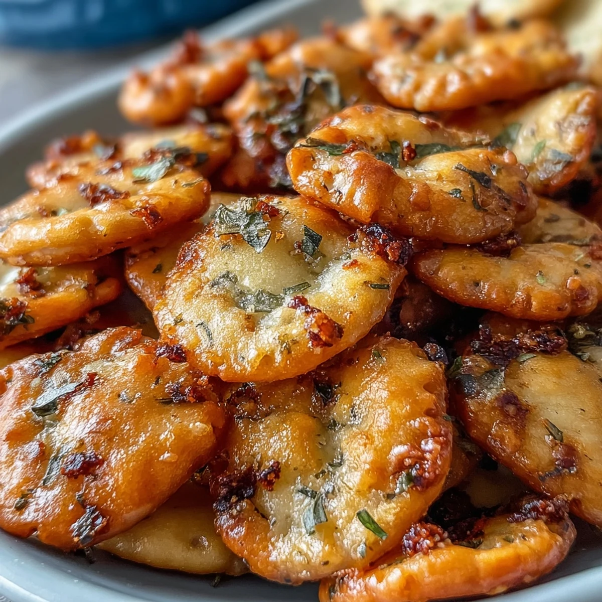 A bowl of golden Ranch Oyster Crackers, coated in creamy ranch seasoning, garnished with fresh dill and ready for snacking.