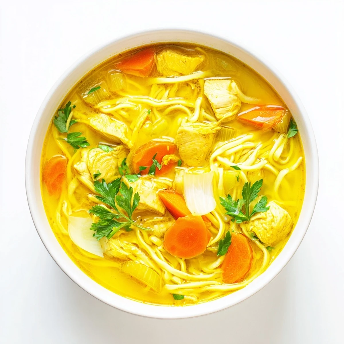 A close-up of Ginger Turmeric Chicken Soup featuring egg noodles, coconut milk, and vibrant spices, ready to serve.