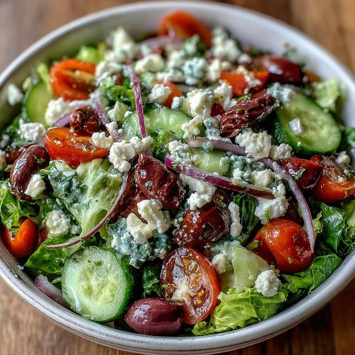 Vibrant Greek Salad Bowl overflowing with fresh vegetables and creamy feta cheese.