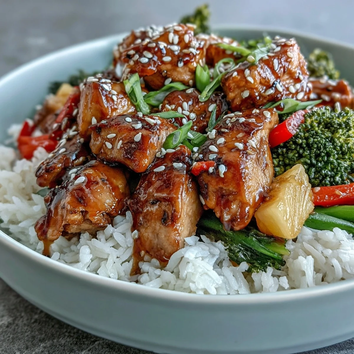 Tender Teriyaki Chicken and Rice Bowl, glistening with sauce, piled high.