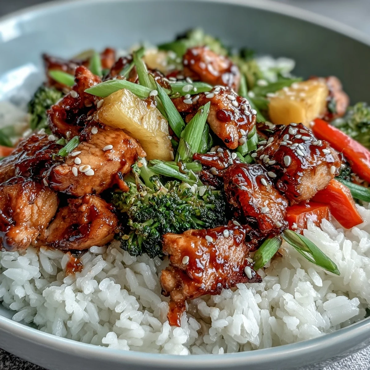 Juicy Teriyaki Chicken and Rice Bowl, vibrant vegetables, sweet pineapple garnish.